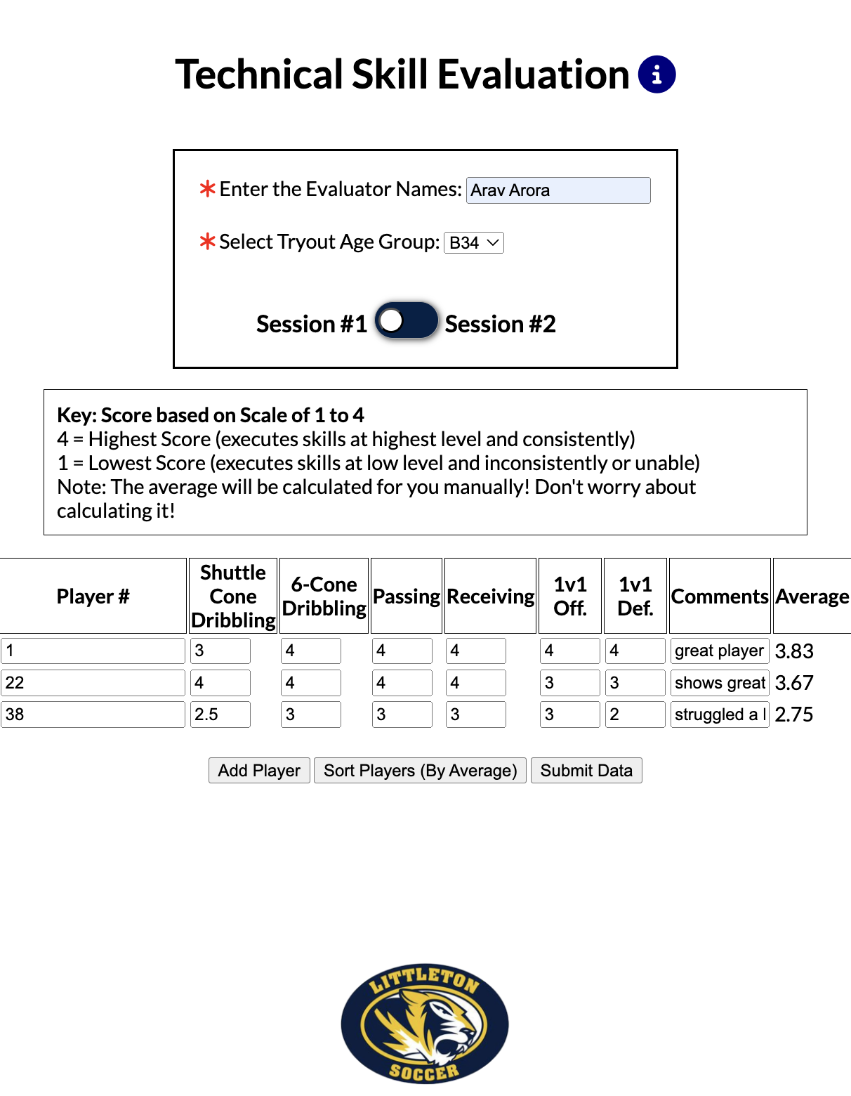 Littleton Youth Soccer Club Evaluation Software